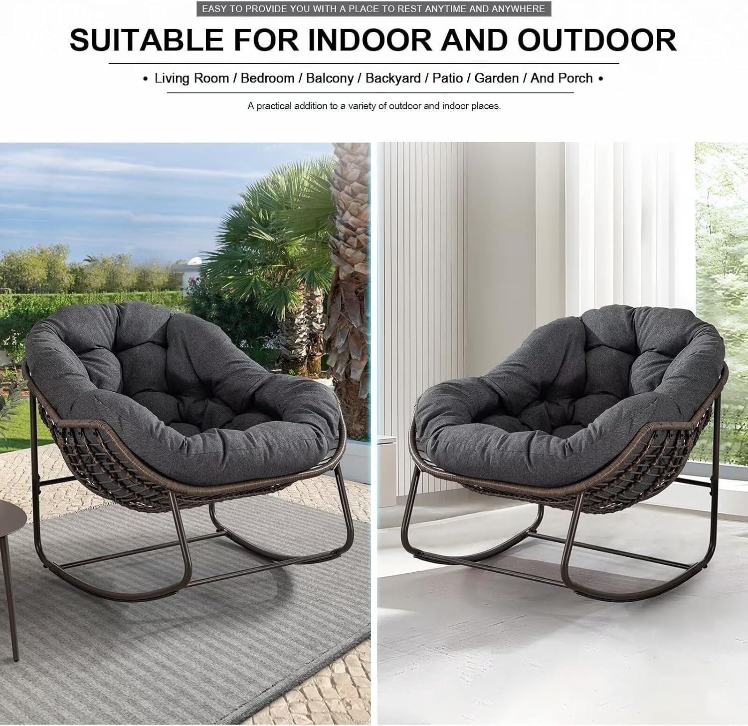 Outdoor Papasan Rocking Chair, Patio Oversized Wicker Egg Rocking Chair, Indoor & Outdoor Comfy Rocker Chair with Thick Cushion, Modern Lounge Chair for Front Porch, Garden, Backyard, Grey
