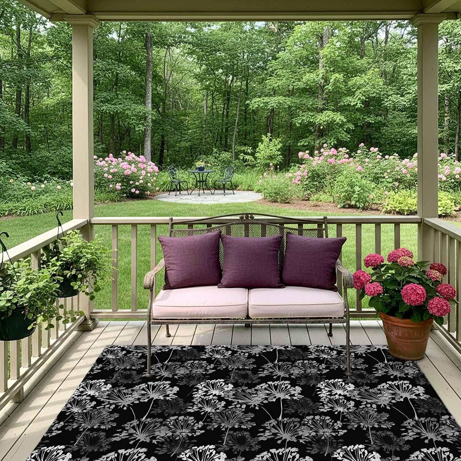 Vintage Floral Outdoor Rug for Patio/Deck/Porch, Non-Slip Large Area Rug 4 x 6 Ft, Black Dandelion Plants Country Botanical Indoor Outdoor Rugs Washable Area Rugs, Reversible Camping Rug Carpet Runner
