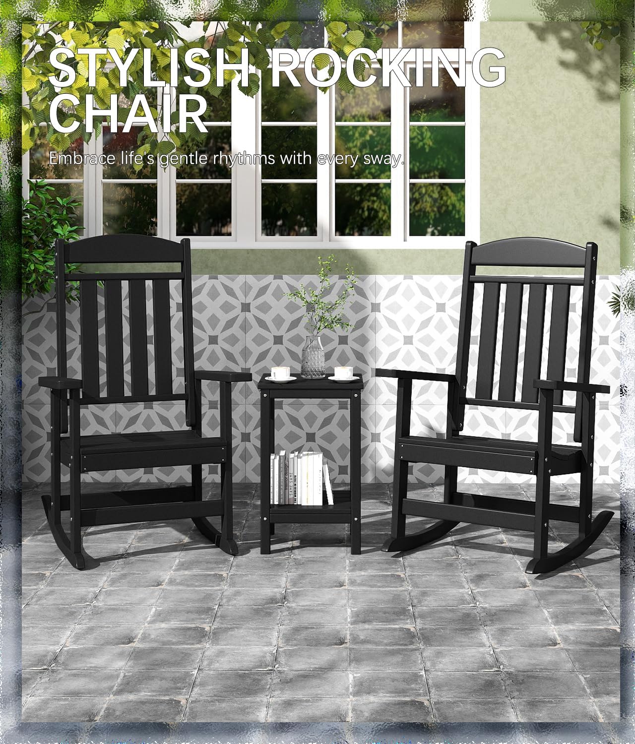 FOOWIN Outdoor Rocking Chair Set of 6, High Back Patio Rocking Chair, HDPE All Weather Resistant Porch Rocker for Adult, Oversized Rocking Chairs for Garden, Lawn, Indoor & Outdoor Use, Black