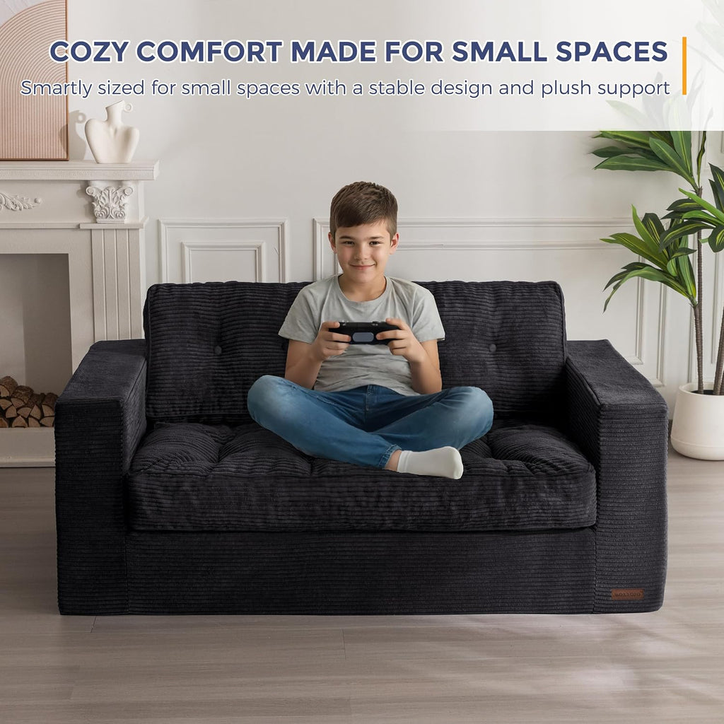 MAXYOYO Bean Bag Chair for Adults, Upholstered Floor Sofa with Armrests, Loveseat Boneless Couch with Tufted Cushion & Backrest, Sofa in A Box, Large Bean Bag Couch for Bedroom Living Room, Black