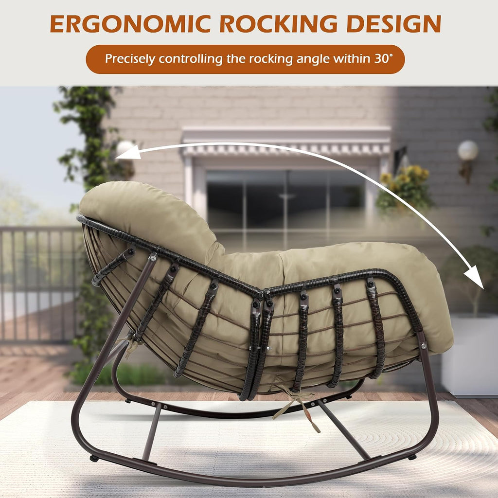 Papasan Rocking Chair Indoor & Outdoor, Oversized Egg-Shaped Papasan Rocker with Cushion & Pillow, All-Weather Wicker Patio Lounge Chair for Garden, Porch, Living Room (Khaki)
