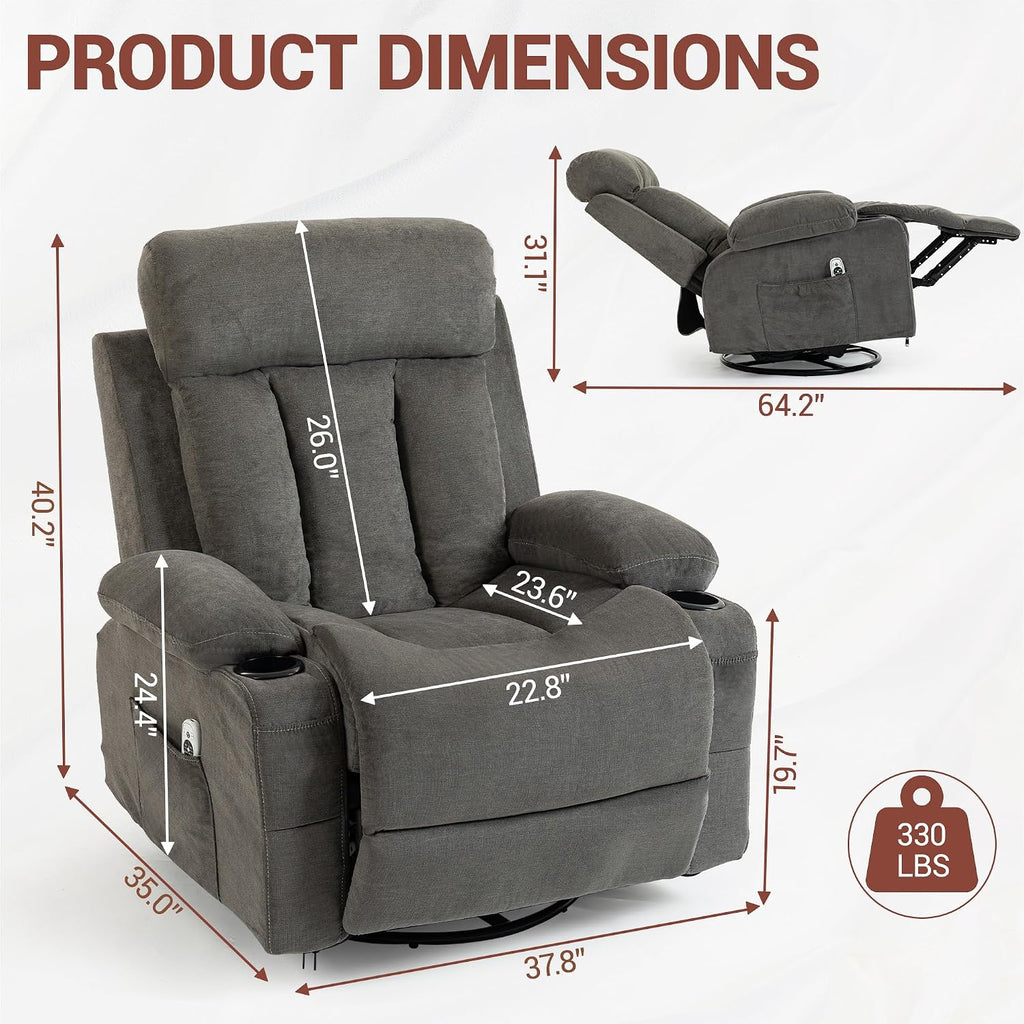 Rocker Recliner, Glider Recliner Chairs for Adults, 360° Swivel Recliner Chair w/Massage and Heating, Nursery Chair with Rocking Function, Side Pocket, Cup Holders for Living Room, Bedroom, Grey