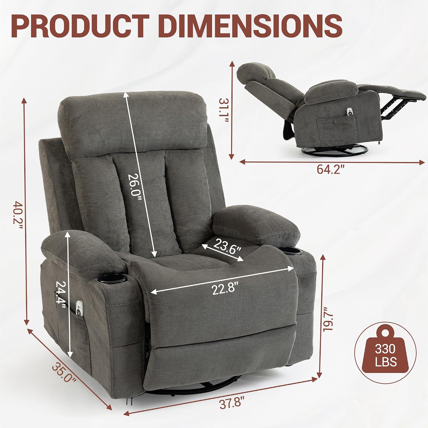 Rocker Recliner, Glider Recliner Chairs for Adults, 360° Swivel Recliner Chair w/Massage and Heating, Nursery Chair with Rocking Function, Side Pocket, Cup Holders for Living Room, Bedroom, Grey