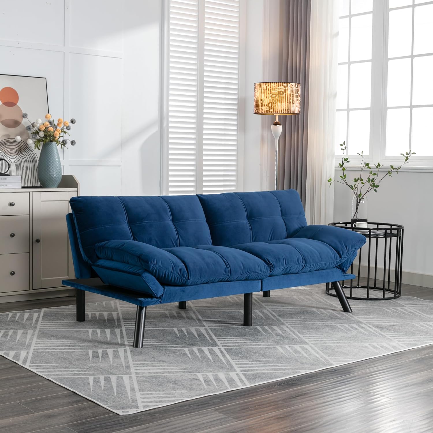 Ball & Cast 71' Futon Sofa Bed, Mordern Upholstered 2 Seater Couch with Adjustable Backrest,Folding Loveseat with Metal Legs for Living Room,Office,Navy Blue