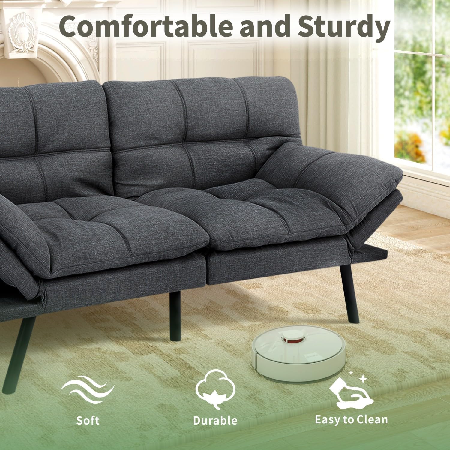 MUUEGM 71-Inch Futon Sofa Bed, Convertible Loveseat Sleeper | Elegant Dark Gray Linen | Adjustable Couch for Office, Apartment & Guests