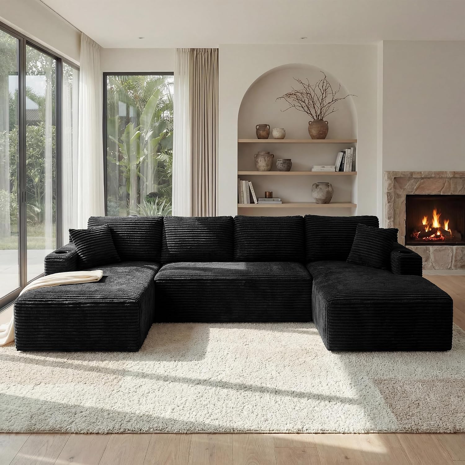 125' Oversized Cloud Boneless Couch with Chaise, Modern Modular Sofa with Deep Seat, Corduroy Upholstered U Shaped Couch for Living Room, No Assembly Required (Black)