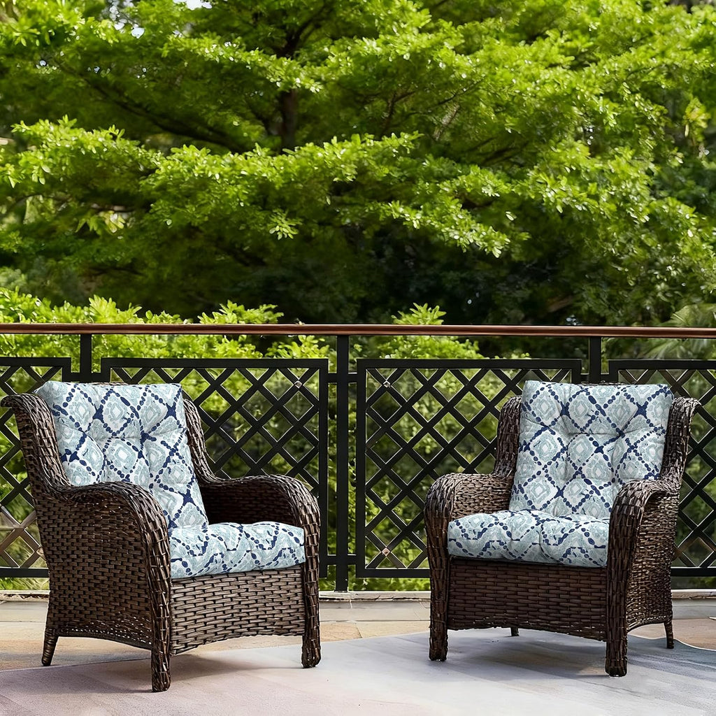 LVTXIII Outdoor Low Back Chair Cushions, Seasonal Replacement Adirondack Chair Cushion with Ties, Patio Waterproof Seat Cushions for Home Garden Use, 21 W x 21 D, Set of 2, Boho Geometry Blue