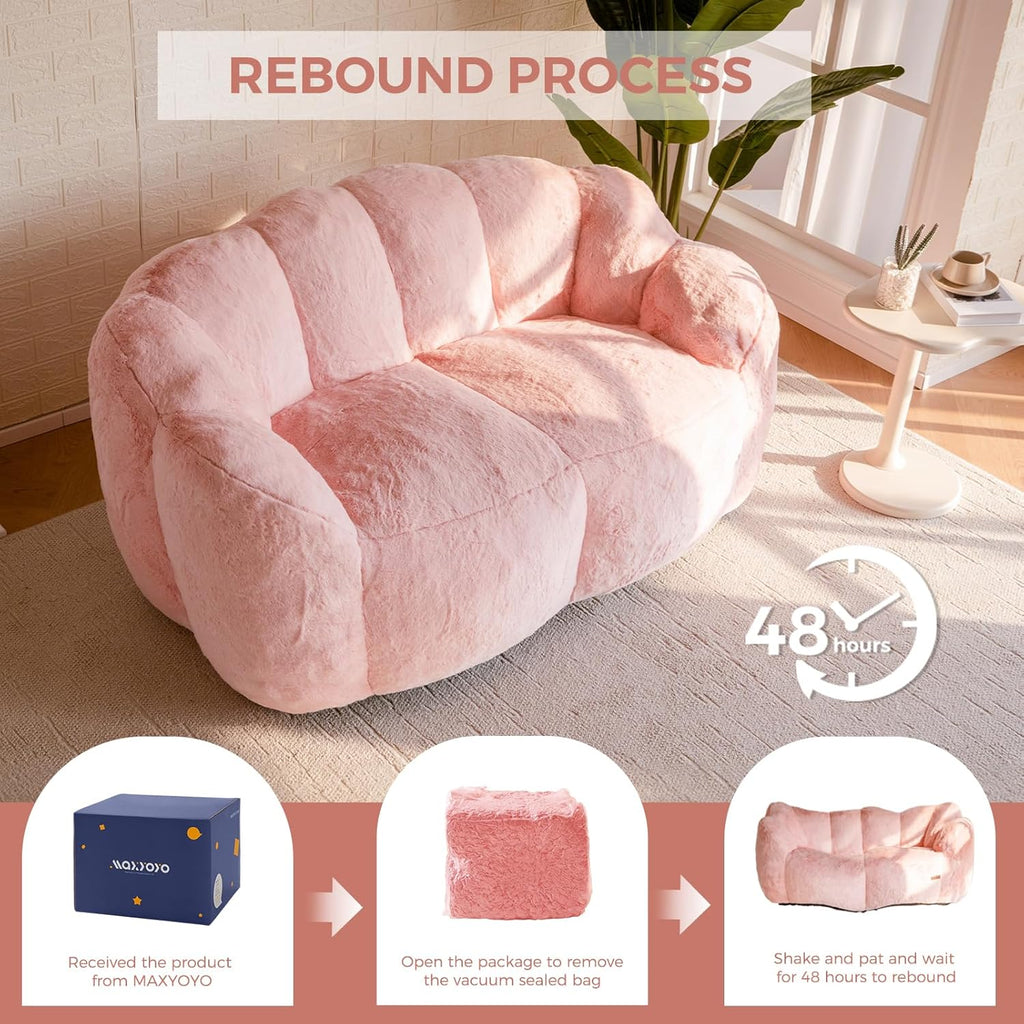 MAXYOYO Bean Bag Chair for Adults, Loveseat Floral Shaped Bean Bag Sofa, Ultra Soft Love Seat Mini Sofa Couch, Faux Fur Reading Chair for Living Room Bedroom, Pink