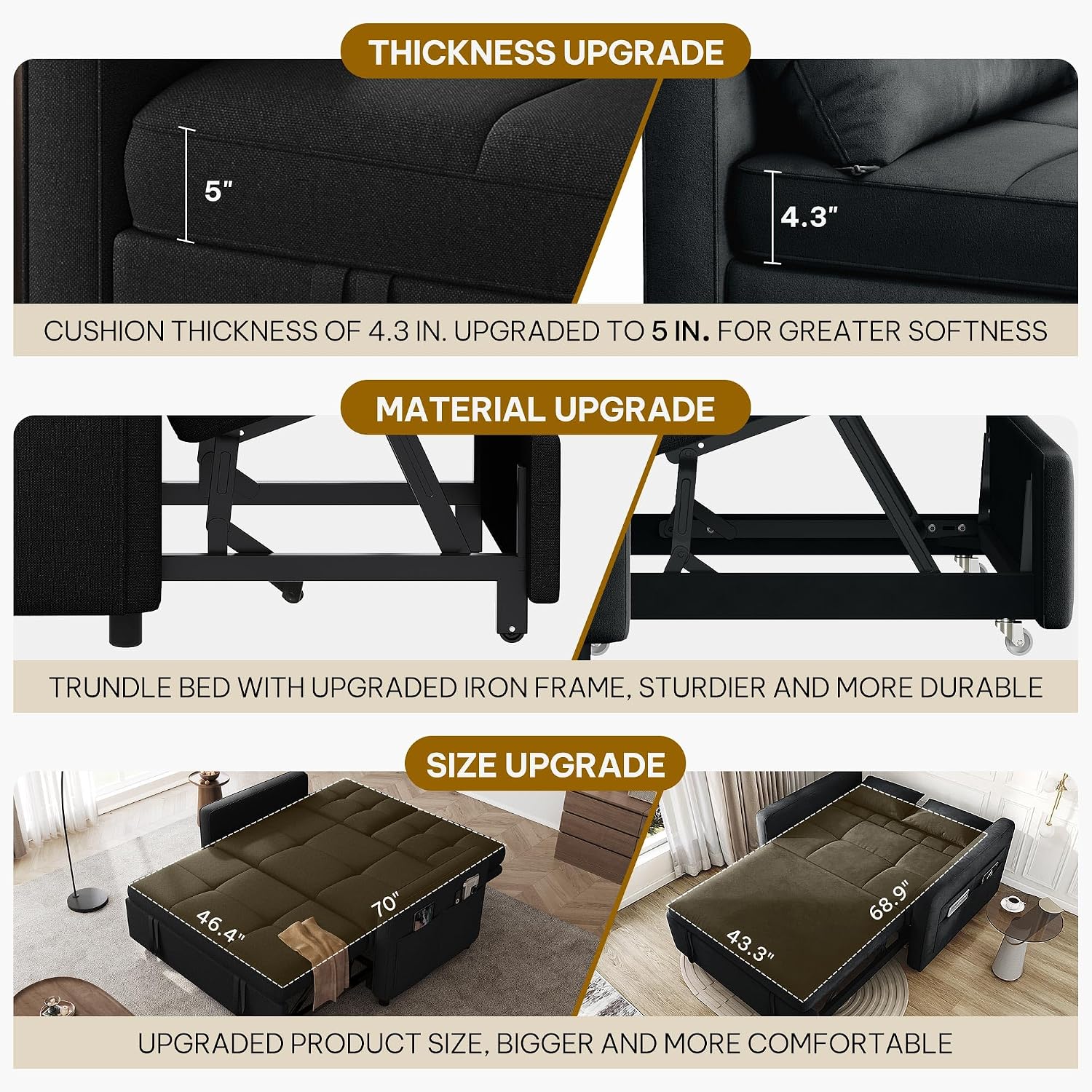 DWVO 55' Convertible Sofa Bed, 3-in-1 Sleeper Sofa with Pull-Out Bed, Linen Futon Couch with Adjustable Backrest and Side Pocket, Modern Loveseat for Living Room Apartment, Balck