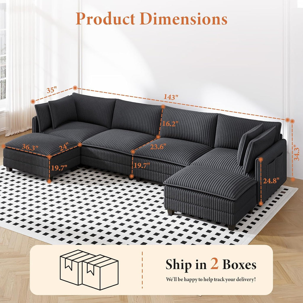 Vesgantti 143' U Shaped Sectional Modular Couch, Comfy Corduroy Upholstered Modular Cloud Sofas for Living Room, Modern Sectional Sofa with 2 Ottoman Deep Seat, Dark Grey