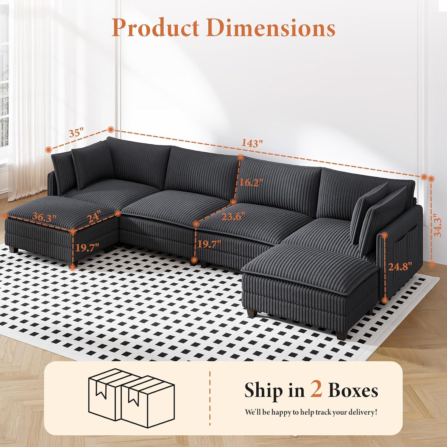 Vesgantti 143' U Shaped Sectional Modular Couch, Comfy Corduroy Upholstered Modular Cloud Sofas for Living Room, Modern Sectional Sofa with 2 Ottoman Deep Seat, Dark Grey