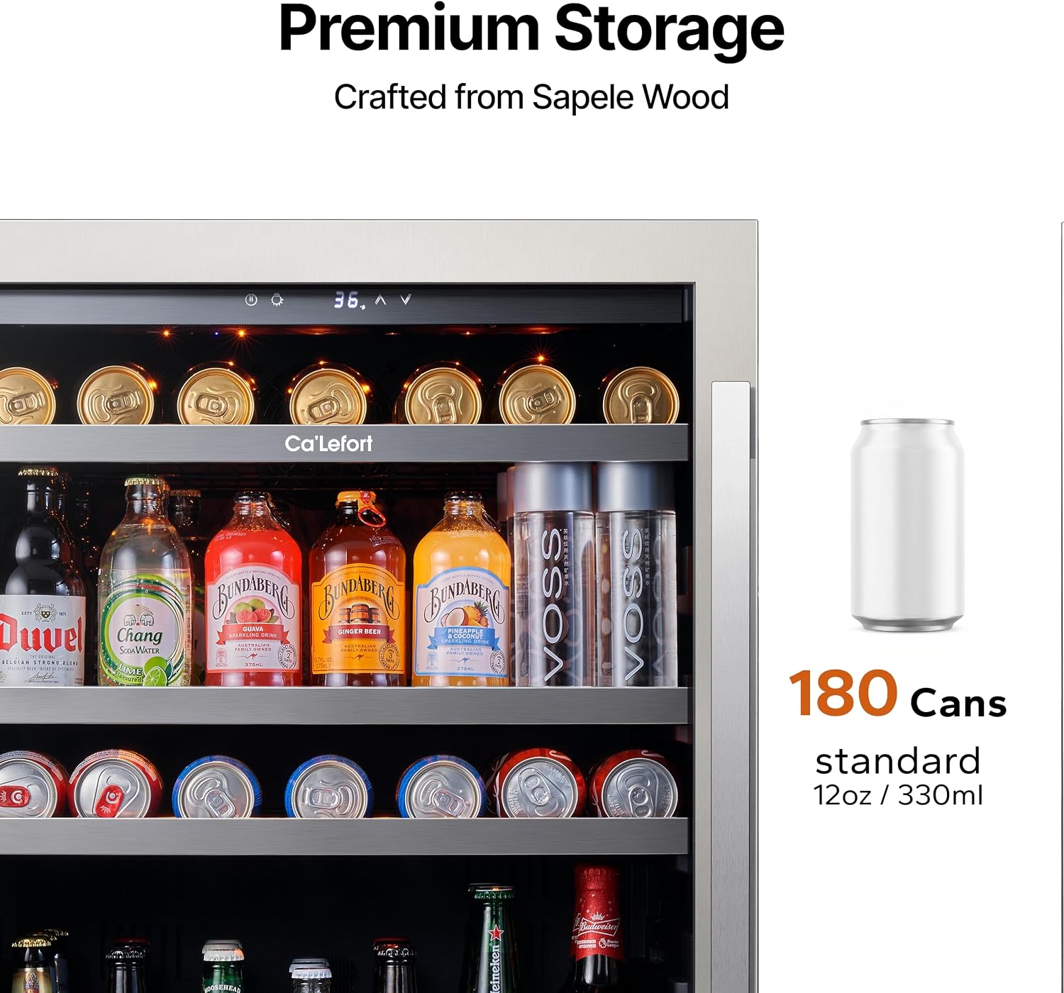 Ca'Lefort 24 Inch Beverage Refrigerator, 180 Can 34°F -54°F Beverage Fridges, Drink Fridge with Glass Door 3 LED Beverage Coolers Built in or Freestanding, Perfect for Home/Kitchen(Left-Hinged)