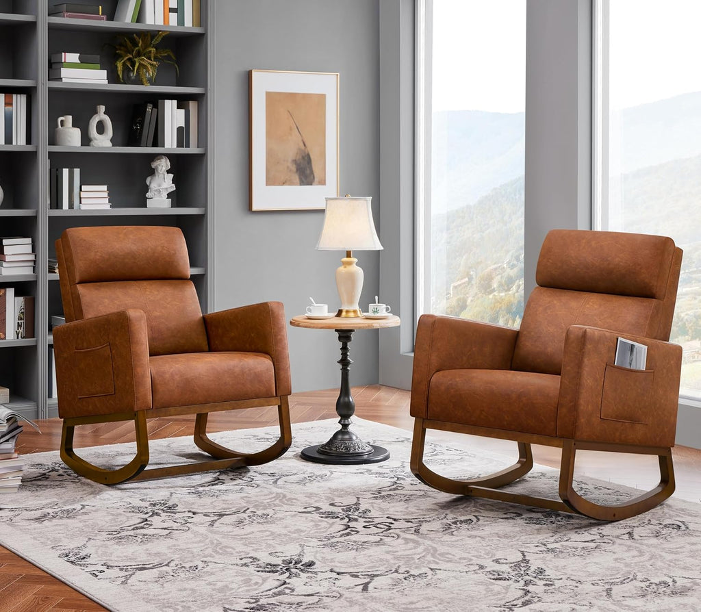 Topeakmart Nursery Rocking Chair, PU Leather Modern Accent Chair with Wood Legs Side Pocket Armchair Glider Rocker for Nursery Living Room Bedroom Lounge, Brown
