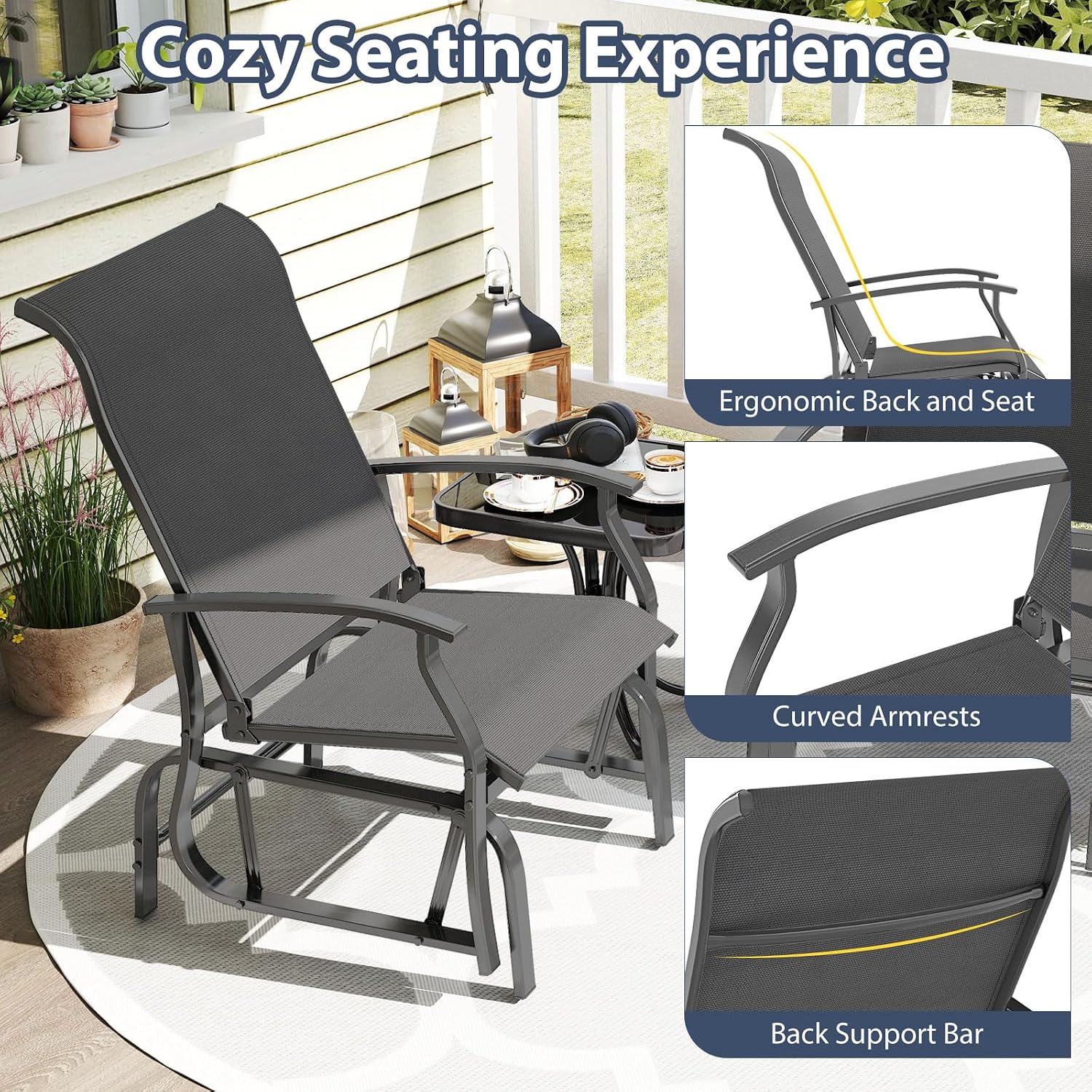Tangkula Porch Gliders Set of 2, Outdoor Swing Glider Chairs with High Back, Breathable Mesh Fabric and Metal Frame, Patio Rocking Chairs for Backyard Garden Balcony Poolside (Grey)