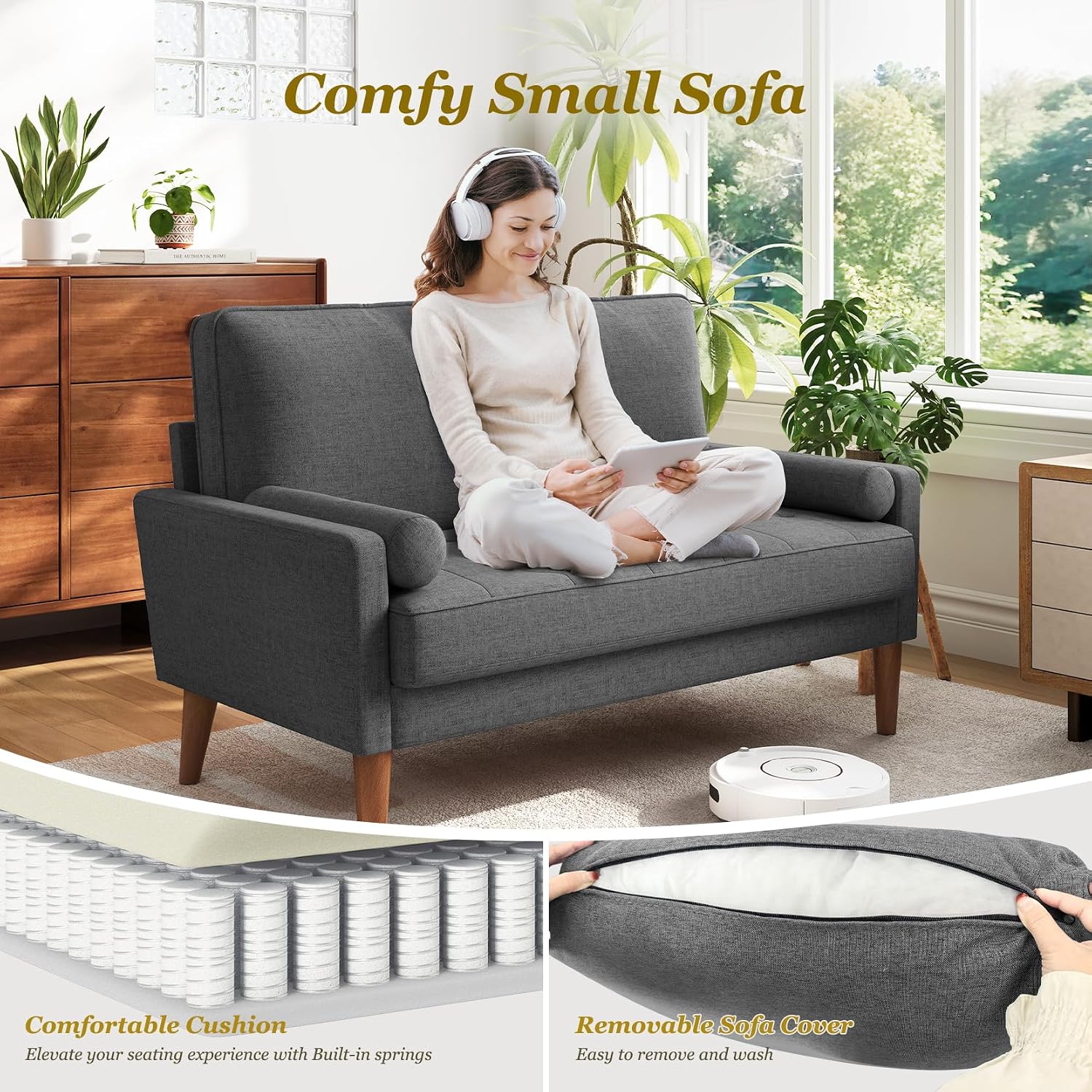 Vesgantti Loveseat Sofa with Solid Wood Legs, 48' Small Couches for Small Spaces, Love Seat for Living Room, Bedroom, Easy Assembly Mid Century Modern Couch with Throw Pillow for Apartment, Grey