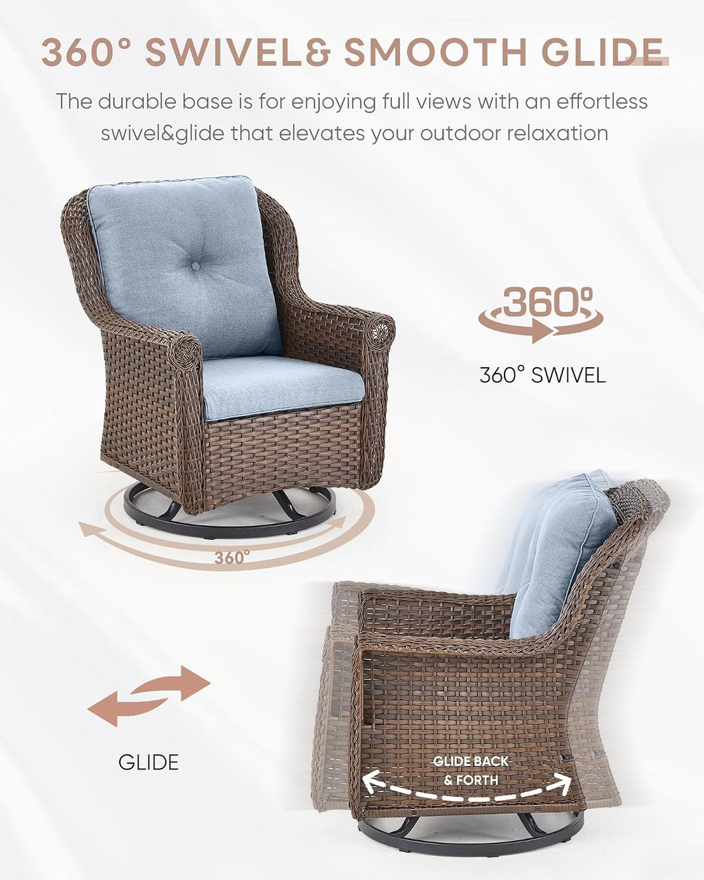 3 Piece Patio Swivel Chairs and Side Table Set - High Back Outdoor Brown Wicker Rattan Rocking Glider with Thick Cushions for Porch Apartment Deck Yard Poolside Garden - Baby Blue