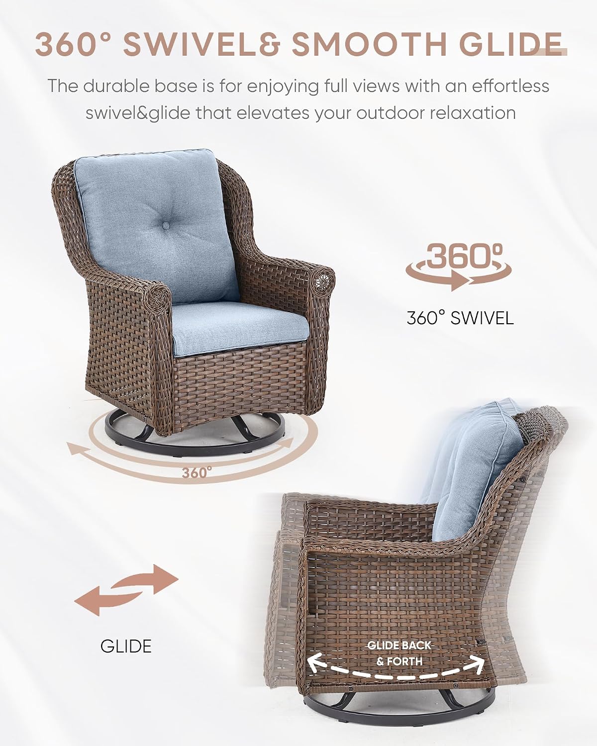 3 Piece Patio Swivel Chairs and Side Table Set - High Back Outdoor Brown Wicker Rattan Rocking Glider with Thick Cushions for Porch Apartment Deck Yard Poolside Garden - Baby Blue
