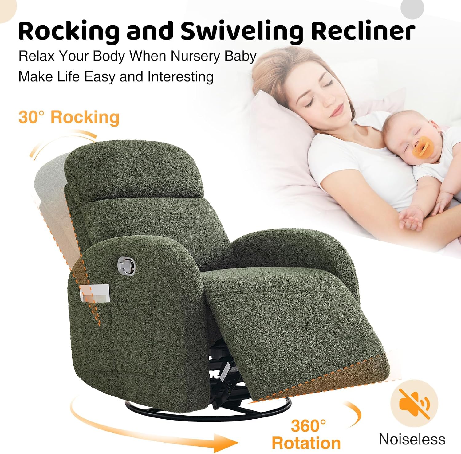 Nursery Glider Recliner, Boucle Nursery Rocking Chair Recliner, Manual Nursery Glider Recliner with Double Pockets and Lumbar Support for Adult, Teddy Green