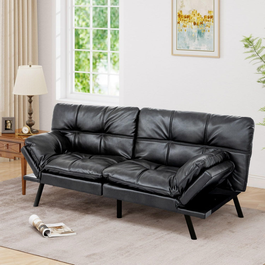 71' Convertible Futon Sofa Bed, Multi-Position Adjustable Back & Arms, Space-Saving Comfortable Sleeper Couch, Modern Loveseat for Urban Apartments & Offices – Black