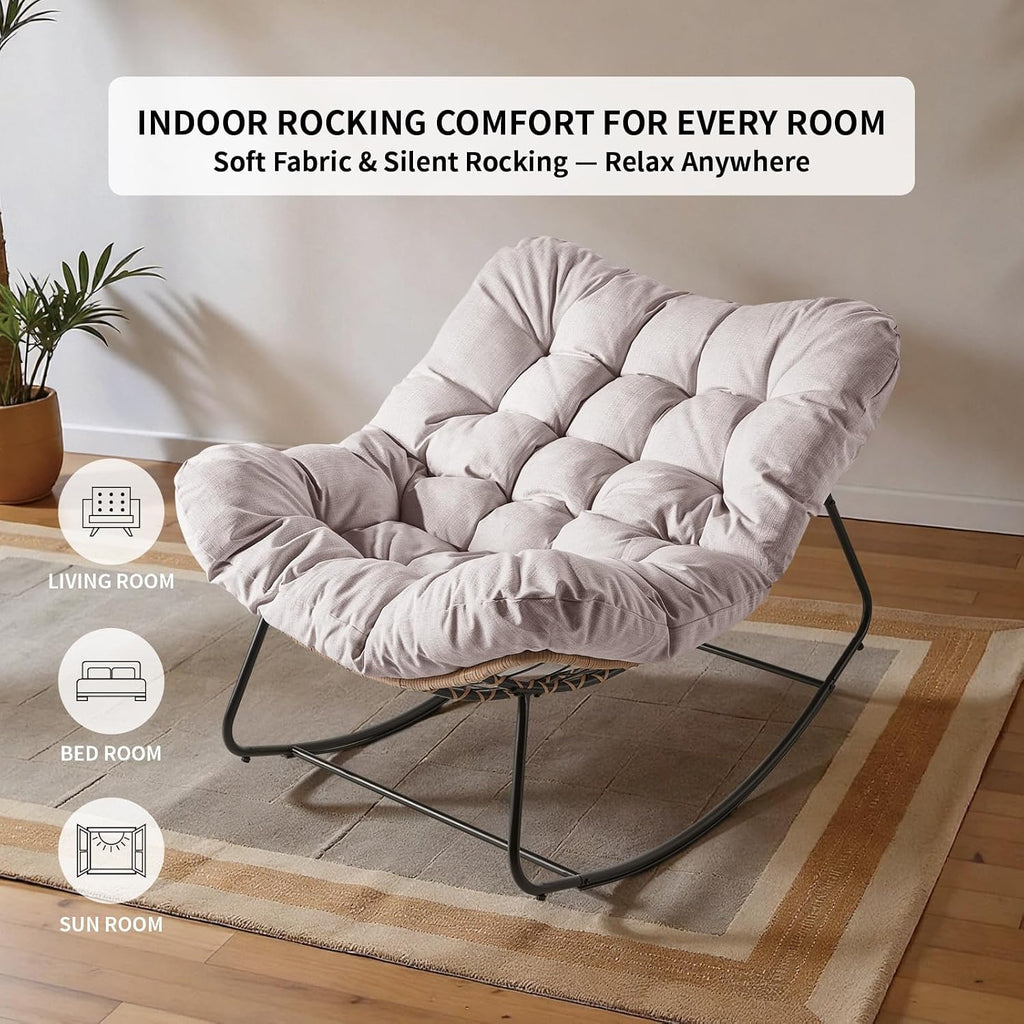 Outdoor Rocking Chair, Oversized Patio Papasan Wicker Chair with Cushion Indoor Egg Chair for Bedroom, Living Room, Porch, Garden, Lawn (Beige)