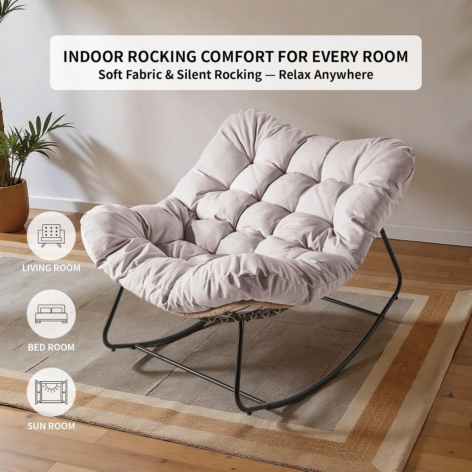 Outdoor Rocking Chair, Oversized Patio Papasan Wicker Chair with Cushion Indoor Egg Chair for Bedroom, Living Room, Porch, Garden, Lawn (Beige)