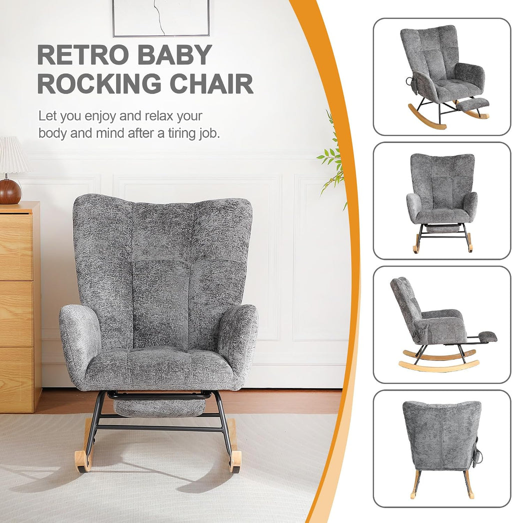 Rocking Chair Nursery with Airbag, Comfy Modern Nursery Rocking Reading Chair indoor with Footrest, Cozy Upholstered Glider Rocker Chairs for Living Room Bedroom Offices(Chenille, Dark Grey)