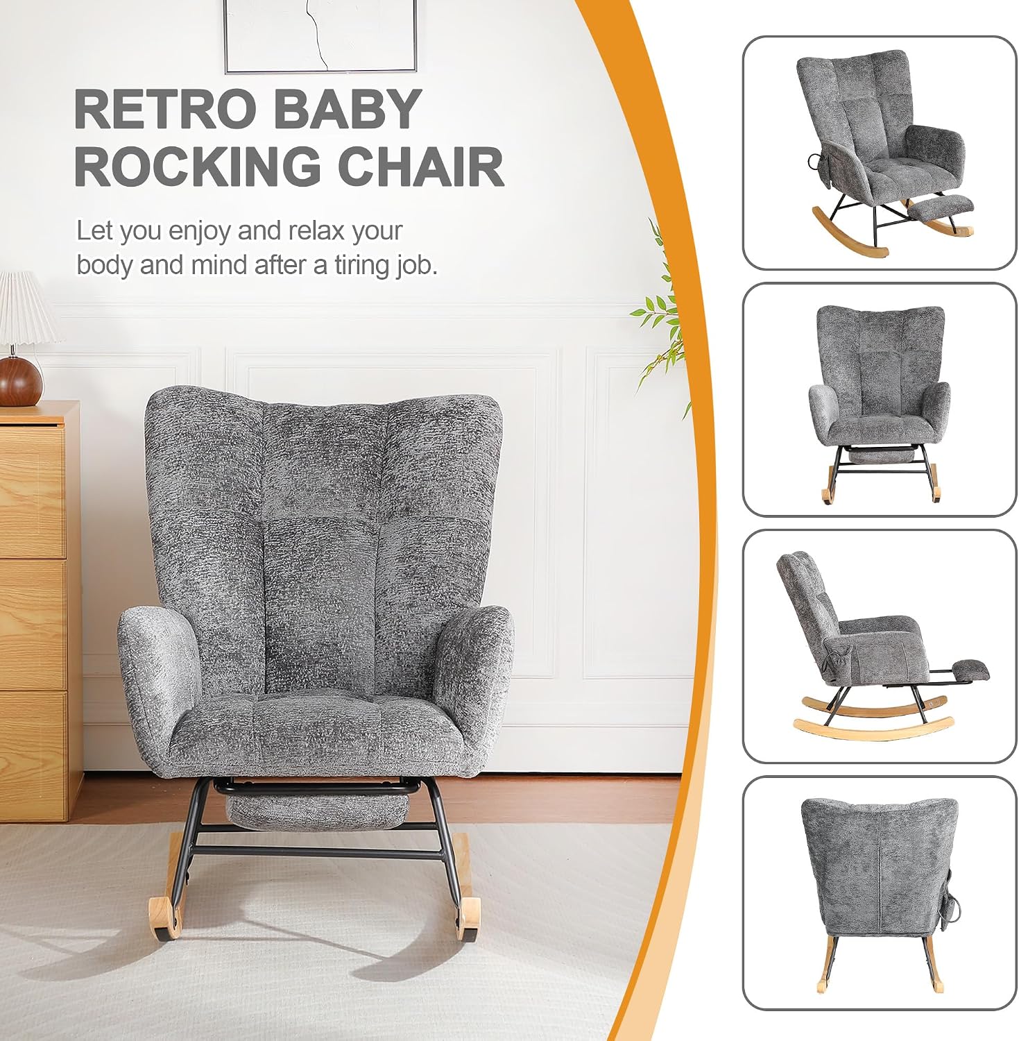 Rocking Chair Nursery with Airbag, Comfy Modern Nursery Rocking Reading Chair indoor with Footrest, Cozy Upholstered Glider Rocker Chairs for Living Room Bedroom Offices(Chenille, Dark Grey)