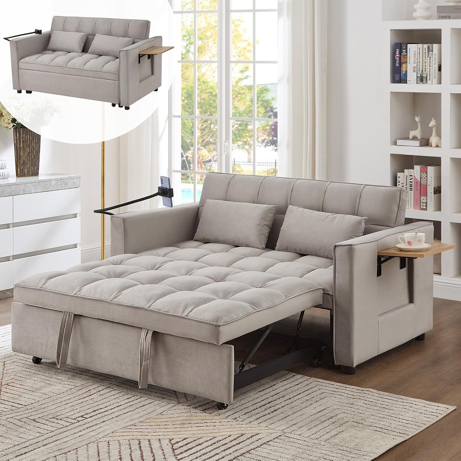 Convertible Sofa Bed, Pull Out Couch with 3-Position Reclining Backrest, Modern Velvet Upholstery Futon Sofa Bed, Loveseat Couch for Living Room, Apartments & Guest Rooms (Grey-L)