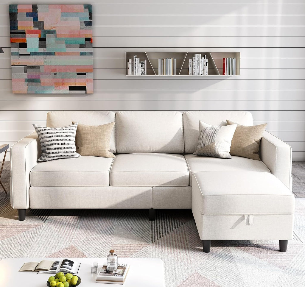 Grzyhem Sectional Sofas Couches for Living Room 78' L-Shaped Couch - Modern Linen Beige Sofa with Storage Ottoman USB for Apartments, Studios & Home Offices, Small Space
