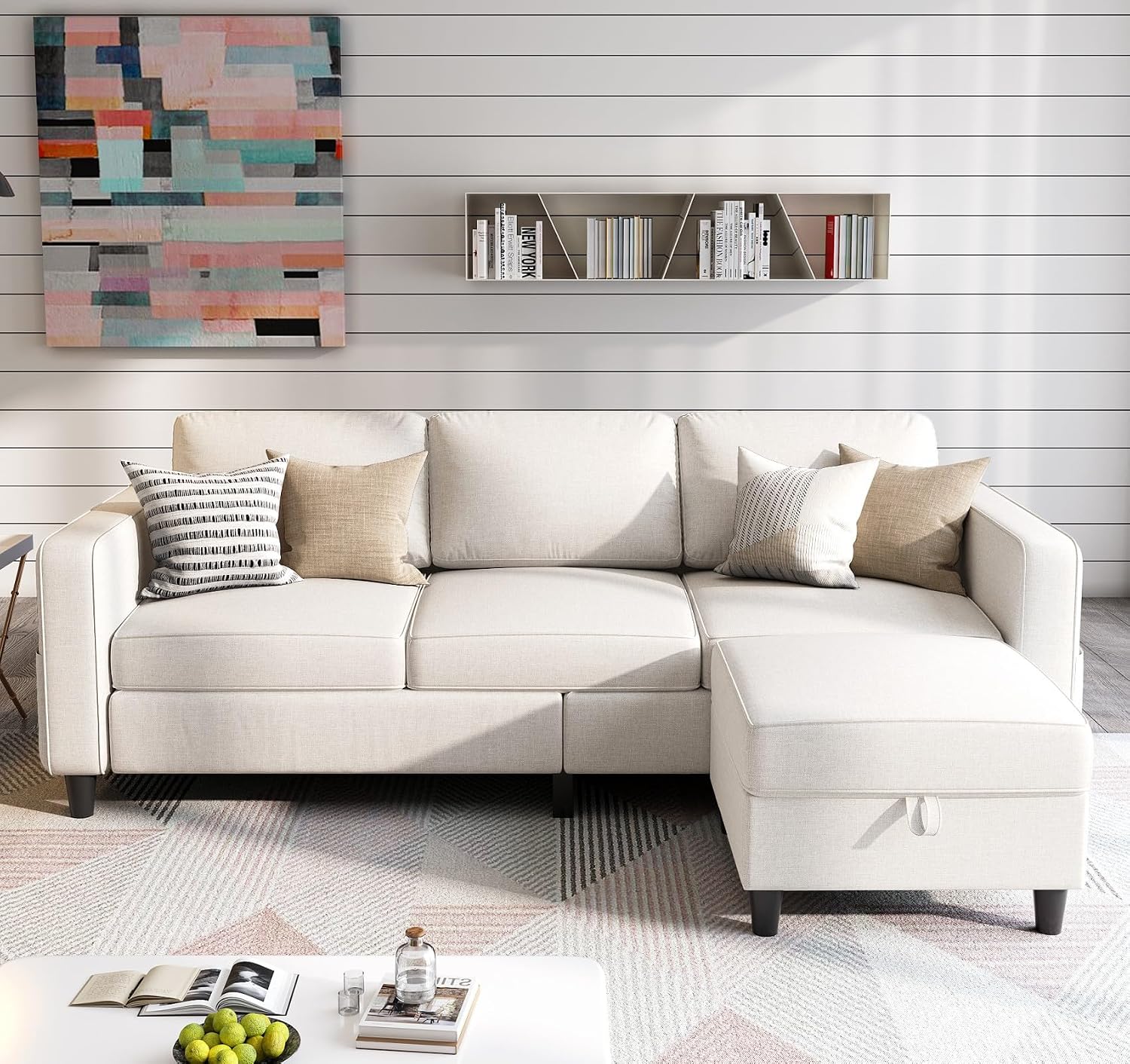 Grzyhem Sectional Sofas Couches for Living Room 78' L-Shaped Couch - Modern Linen Beige Sofa with Storage Ottoman USB for Apartments, Studios & Home Offices, Small Space