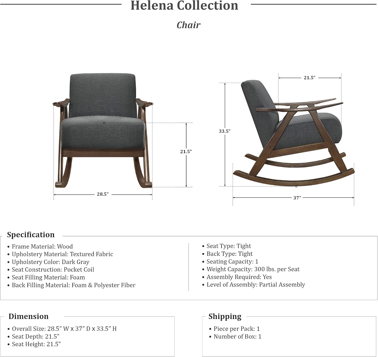 Lexicon Helena 28.5' W Fabric Wood Arm Rocking Chair, Dark Gray