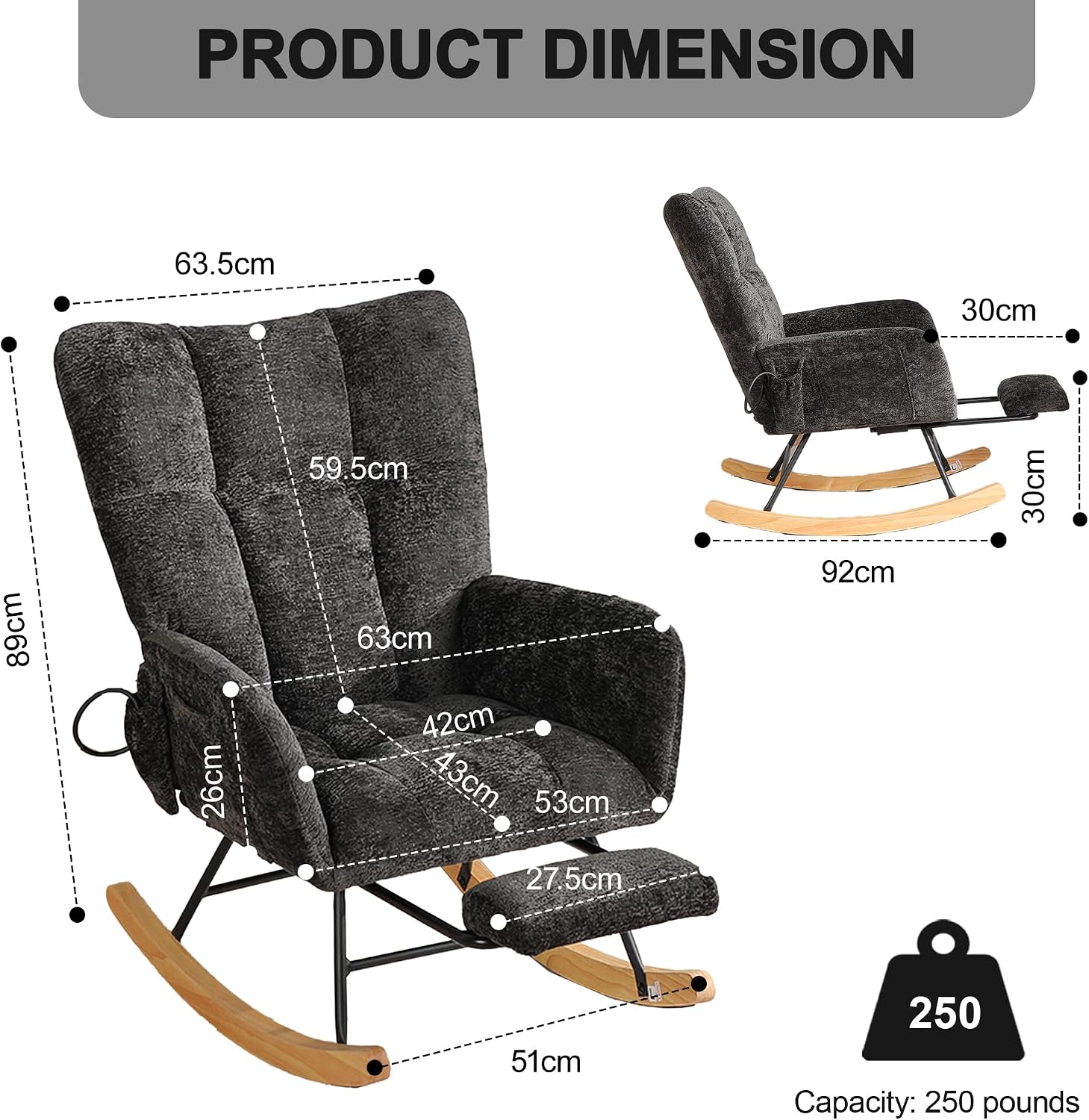 Rocking Chair Nursery with Airbag, Comfy Modern Nursery Rocking Reading Chair Indoor with Footrest, Cozy Upholstered Glider Rocker Chairs for Living Room Bedroom Offices, (Chenille, Black)