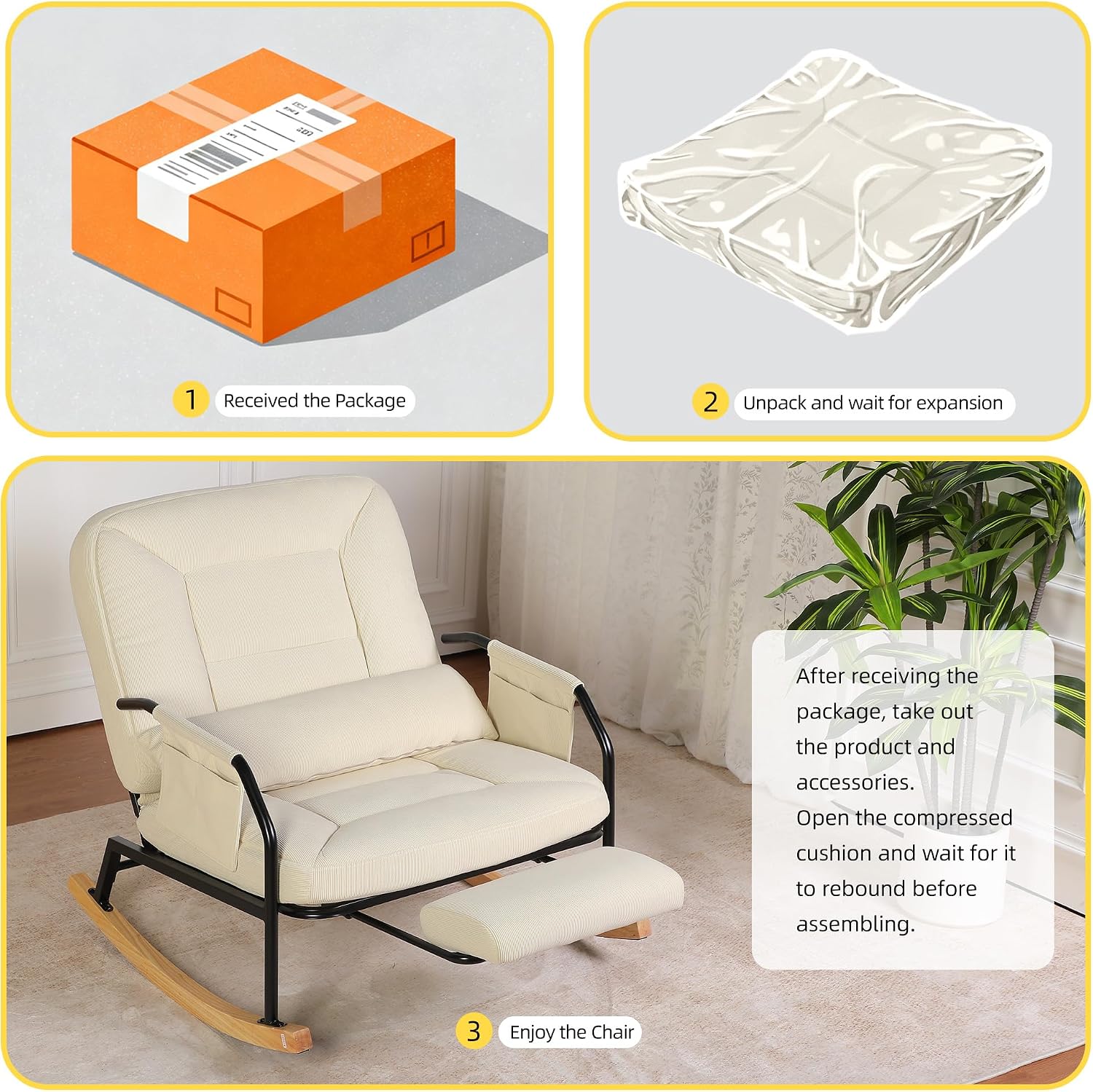 Oversized Rocking Chair, Extra-Wide Glider Patio Rocker Chairs with Foot Rest, Padded Cushion, Adjustable Backrest, Mental Wooden Farm, Indoor/Outdoor Living Room Bedroom Balcony Porch, Beige
