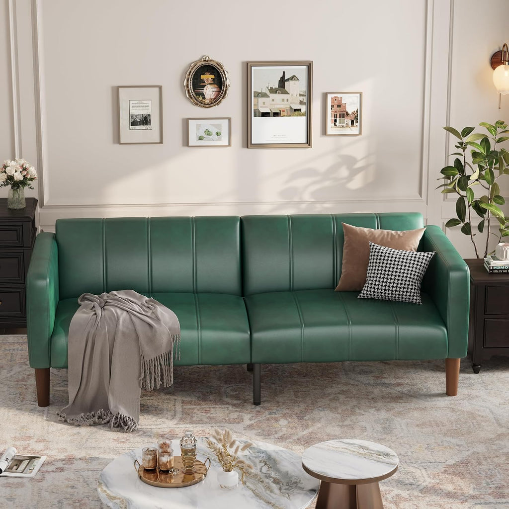 GarveeHome Futon Sofa Bed, 75-Inch Modern Faux Leather Convertible Couch, Mid-Century Loveseat for Small Space, Living Room, Bedroom, Green