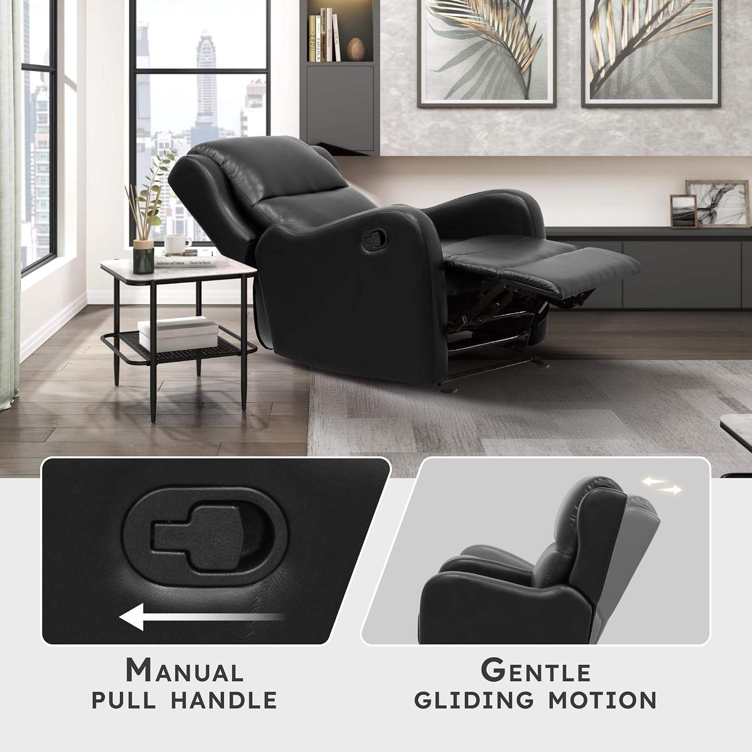 Lexicon Manual Glider Recliner Chair, Reclining Sofa Chair, Home Theater Seating, Manual Glider Recliner for Living Room/Office/Apartment, Easy Assembly, Black Faux Leather