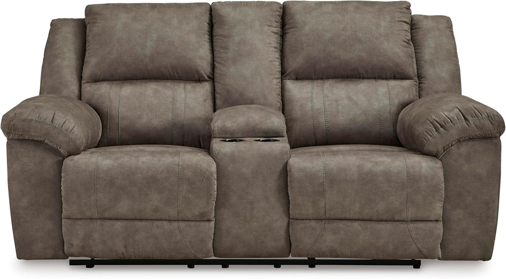 Signature Design by Ashley Laresview Contemporary Faux Leather Manual Double Reclining Loveseat with Console, Storage and Cup Holders, Gray