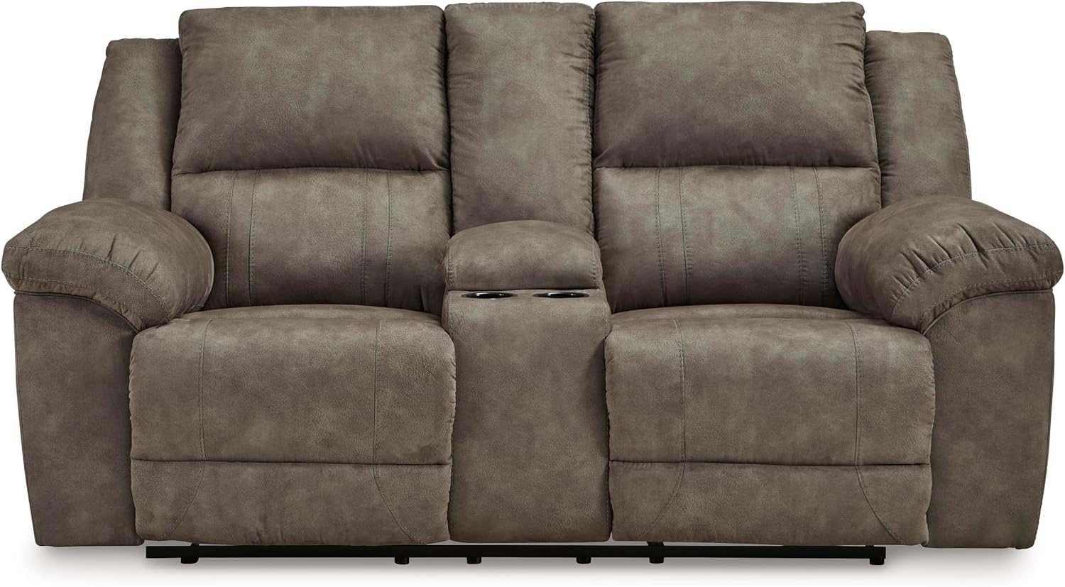 Signature Design by Ashley Laresview Contemporary Faux Leather Manual Double Reclining Loveseat with Console, Storage and Cup Holders, Gray