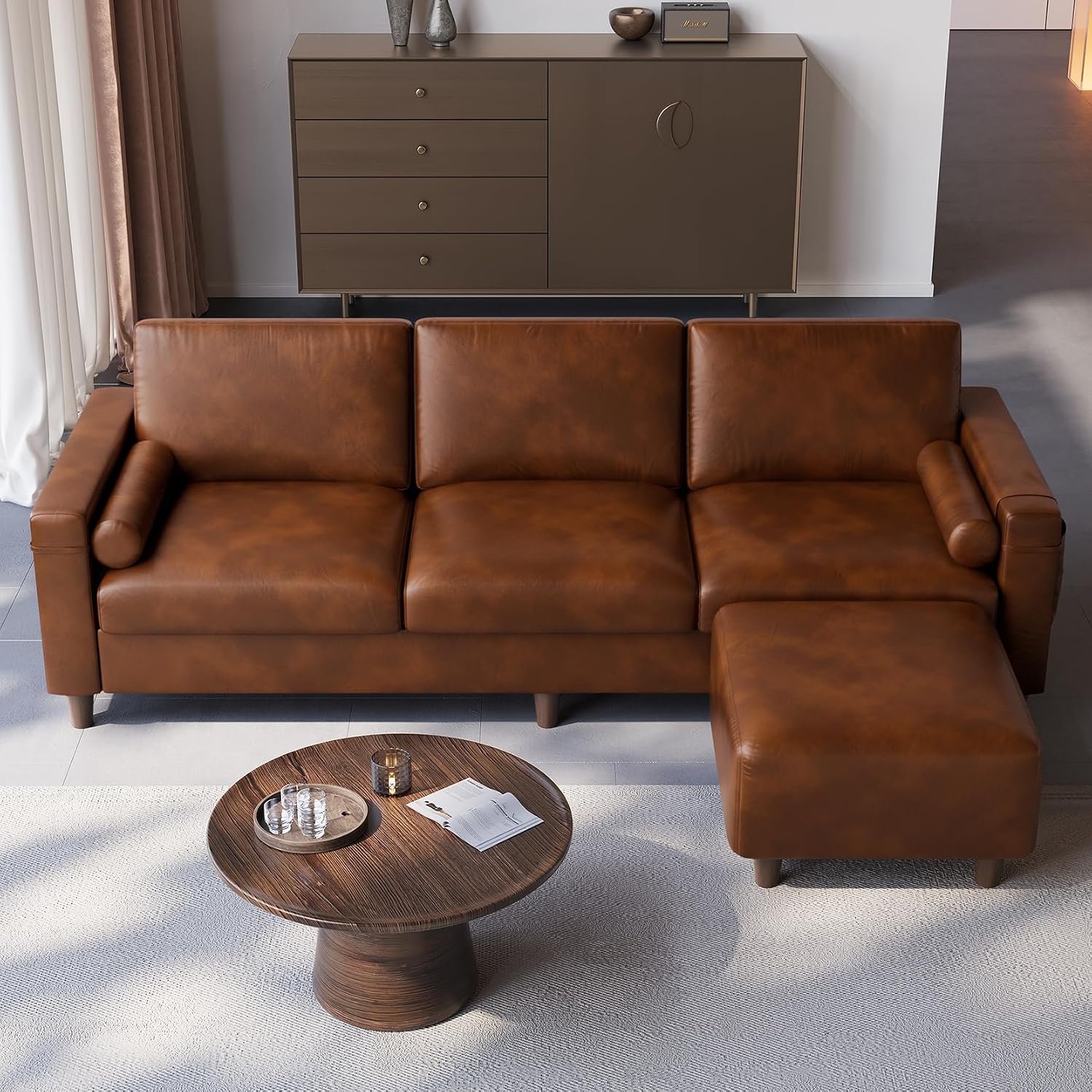 Vesgantti 100' L Shaped PU Faux Leather Sofa with Movable Ottoman, 3 Seater Leather Sectional Couch with Side Pocket, Comfy Modern Modular Couch for Living Room, Apartment, Cocoa