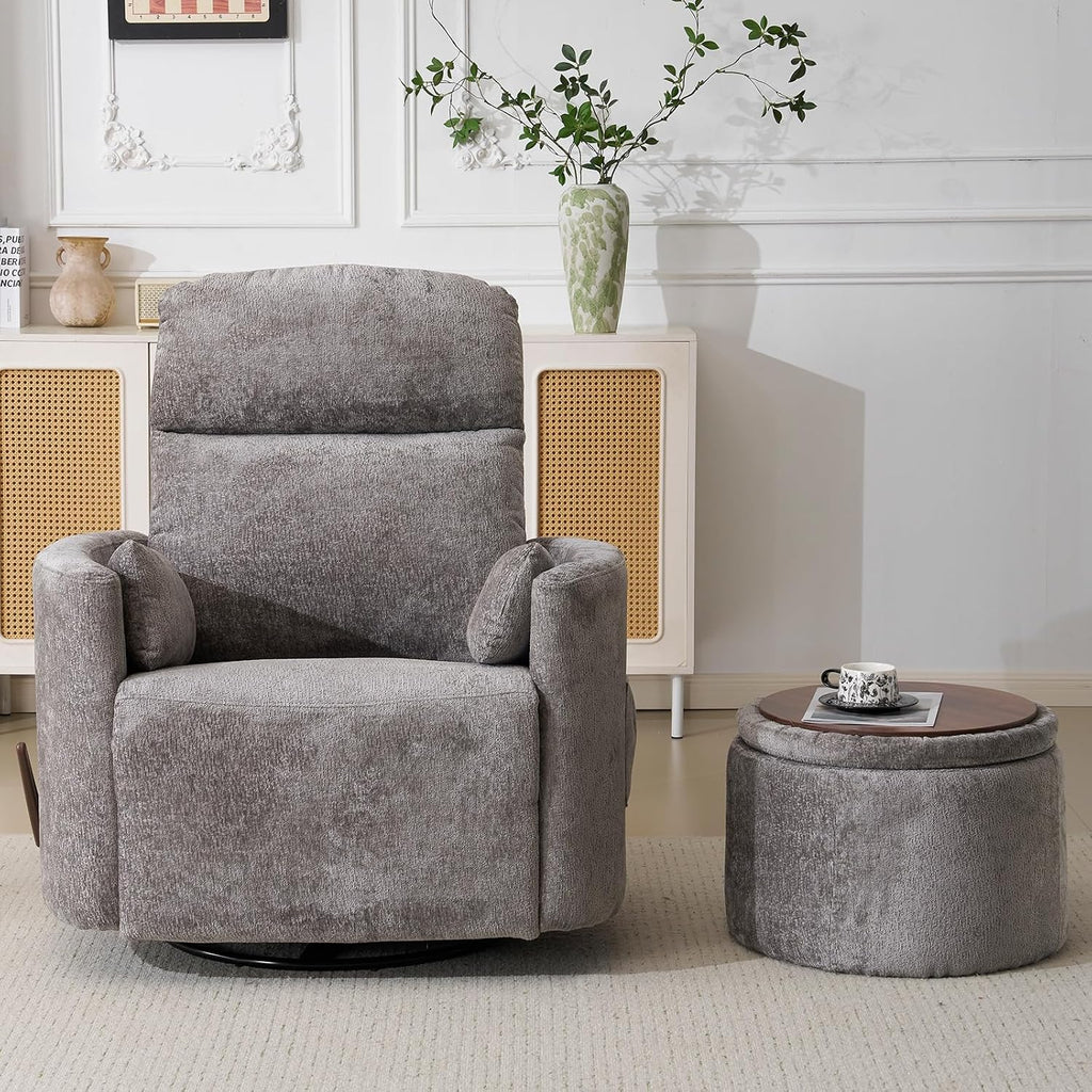 Oversized Swivel Rocker Recliner Chair with Massage and Heat, Manual Swivel Glider Rocker Recliner with 2 Bolster Pillows, Rocking Nursery Chair with Storage Ottoman , Adjustable Headrest, Dark Grey