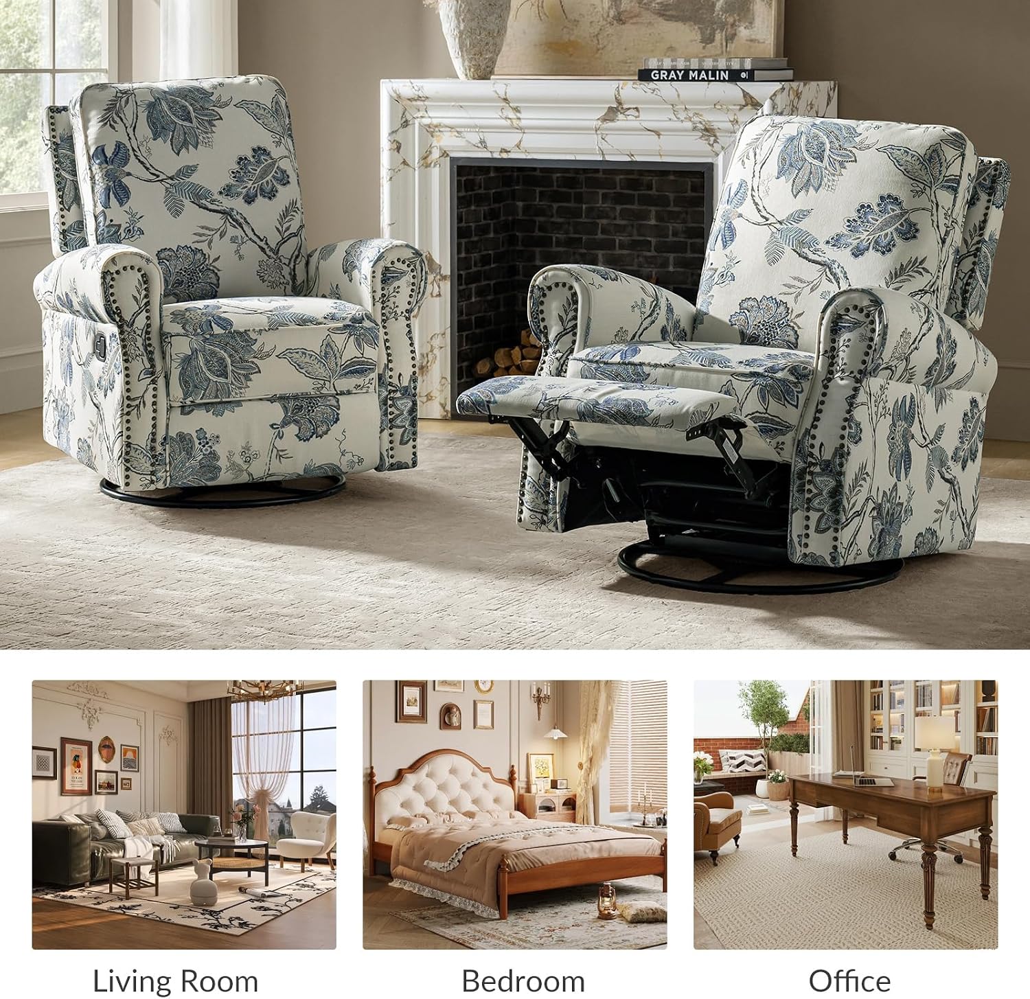 HULALA Home Modern Rocker Recliner, Printed Fabric Swivel Glider with Adjustable Backrest & Footrest, JEACOBEAN