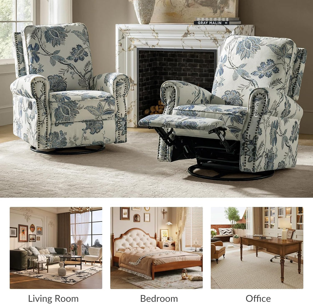 HULALA Home Rocker Recliner Set of 2, Modern Printed Fabric Swivel Glider w/Adjustable Backrest & Footrest, JEACOBEAN