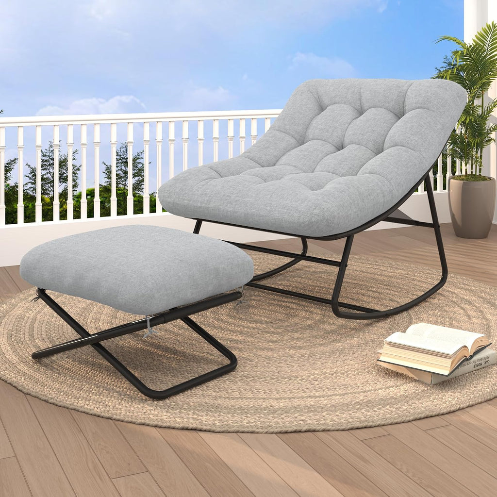 DHMAKER Oversized Outdoor Rocking Chair with Foot Rest, Papasan Rocking Chair with Thick Cushion,Modern Lounge Rocker for Patio Porch Garden Balcony, Indoor