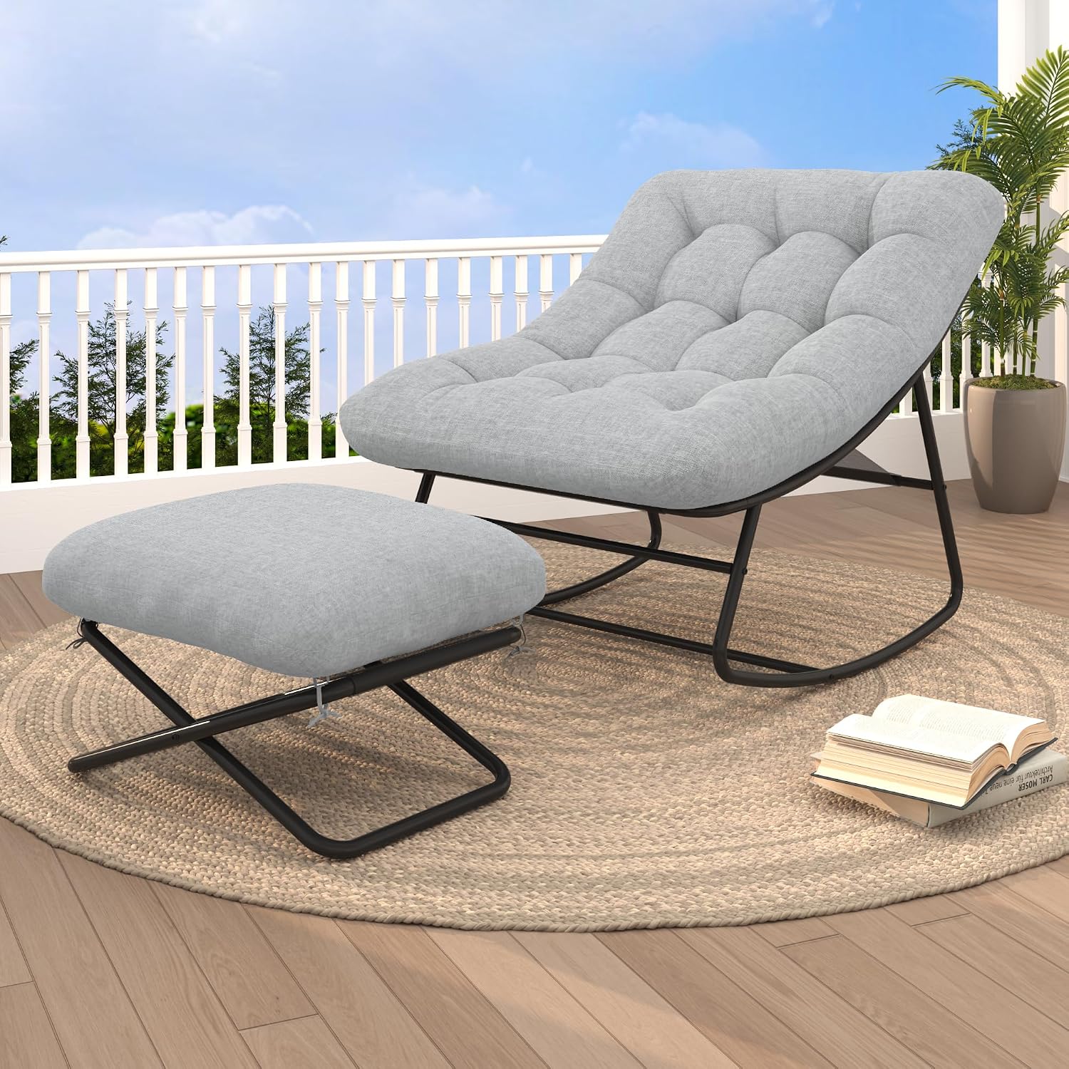 DHMAKER Oversized Outdoor Rocking Chair with Foot Rest, Papasan Rocking Chair with Thick Cushion,Modern Lounge Rocker for Patio Porch Garden Balcony, Indoor