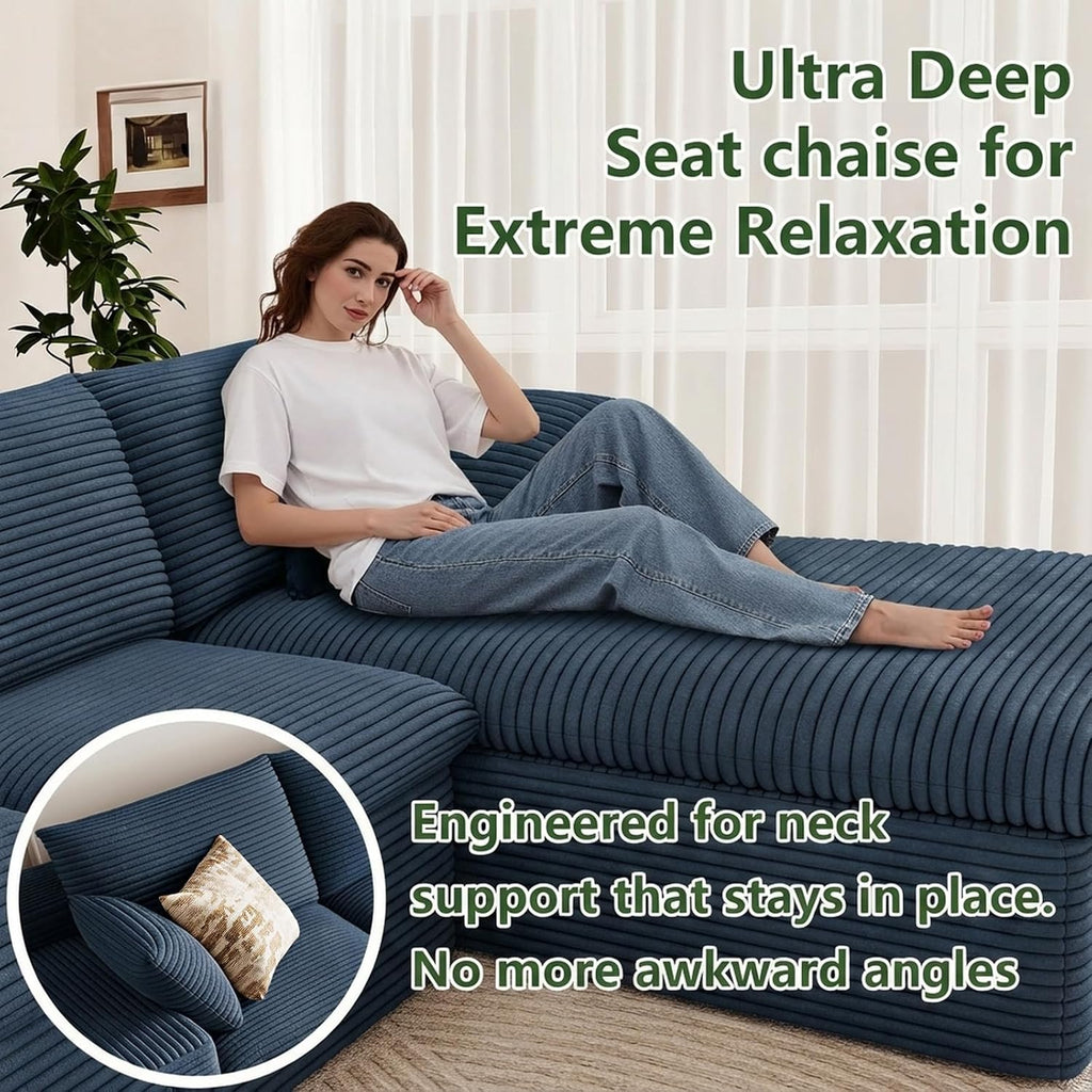 107' Cloud Couch Modular Sectional Sofa for Living Room, L-Shape Boneless Couch with Deep Seat, Modern Corduroy 3-Seater, No Assembly Required (Blue,Right-Facing Chaise)