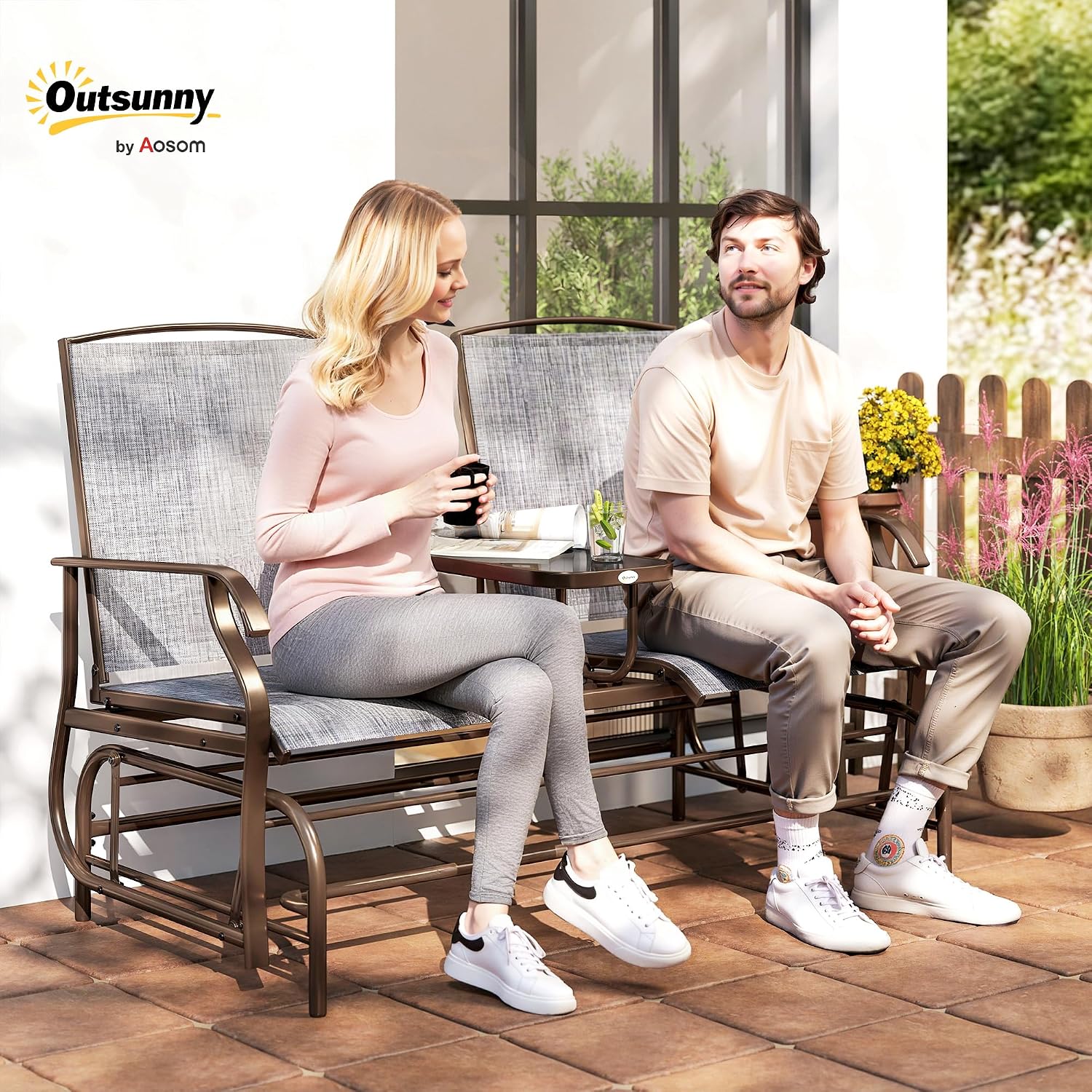 Outsunny Outdoor Glider Bench with Center Table, Metal Frame Patio Loveseat with Breathable Mesh Fabric and Armrests for Backyard Garden Porch, Gray