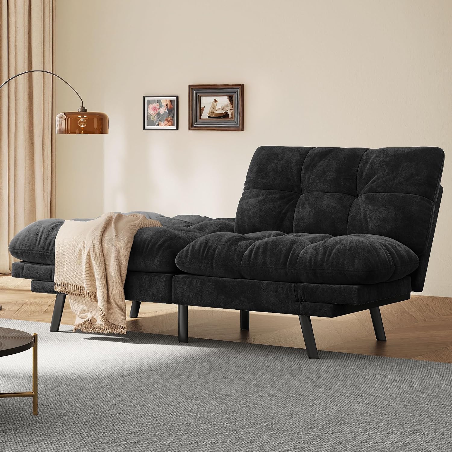 DWVO Sofa Bed with 3-Position Adjustable Backrest & Armrests, Upholstered Loveseat Couch Bed, Expandable Foldable Design for Living Room, Bedroom, Black