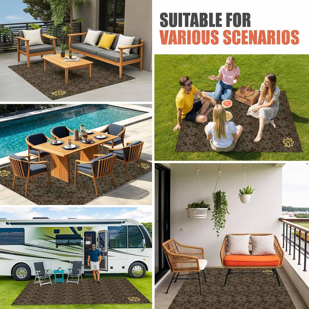 Brown Golden Floral Outdoor Rug for Patio/Deck/Porch, Non-Slip Large Area Rug 4 x 6 Ft, Modern Abstract Art Spring Flowers Indoor Outdoor Rugs Washable Area Rugs, Reversible Camping Rug Carpet Runner