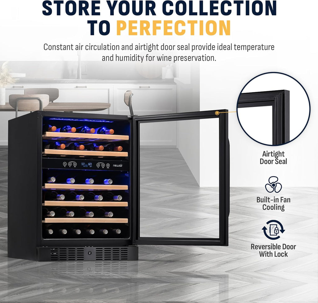 NewAir 24' Dual Zone Wine Fridge for 46 Bottles | Built-In or Freestanding Wine Cooler Refrigerator with Glass Door | Quiet Cooling & Adjustable Shelves for Red and White Wine | Black Stainless Steel