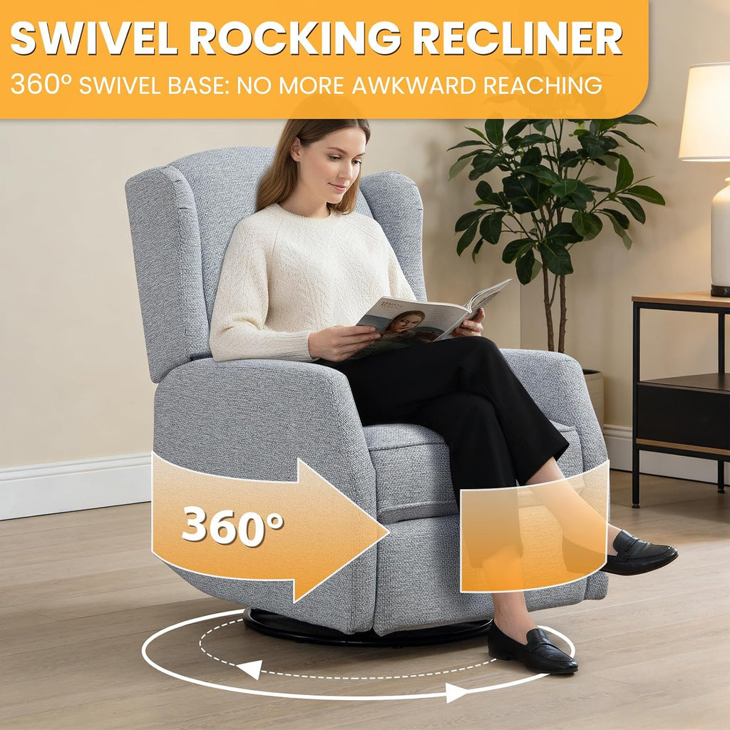 Nursery Swivel Glider Recliner Chair with Segmented Footrest, Modern 360° Rocking Manual Motion Sofa with Lumbar Pillow, Detachable Wings & Armrest for Living Room, Bedroom (LightGray)