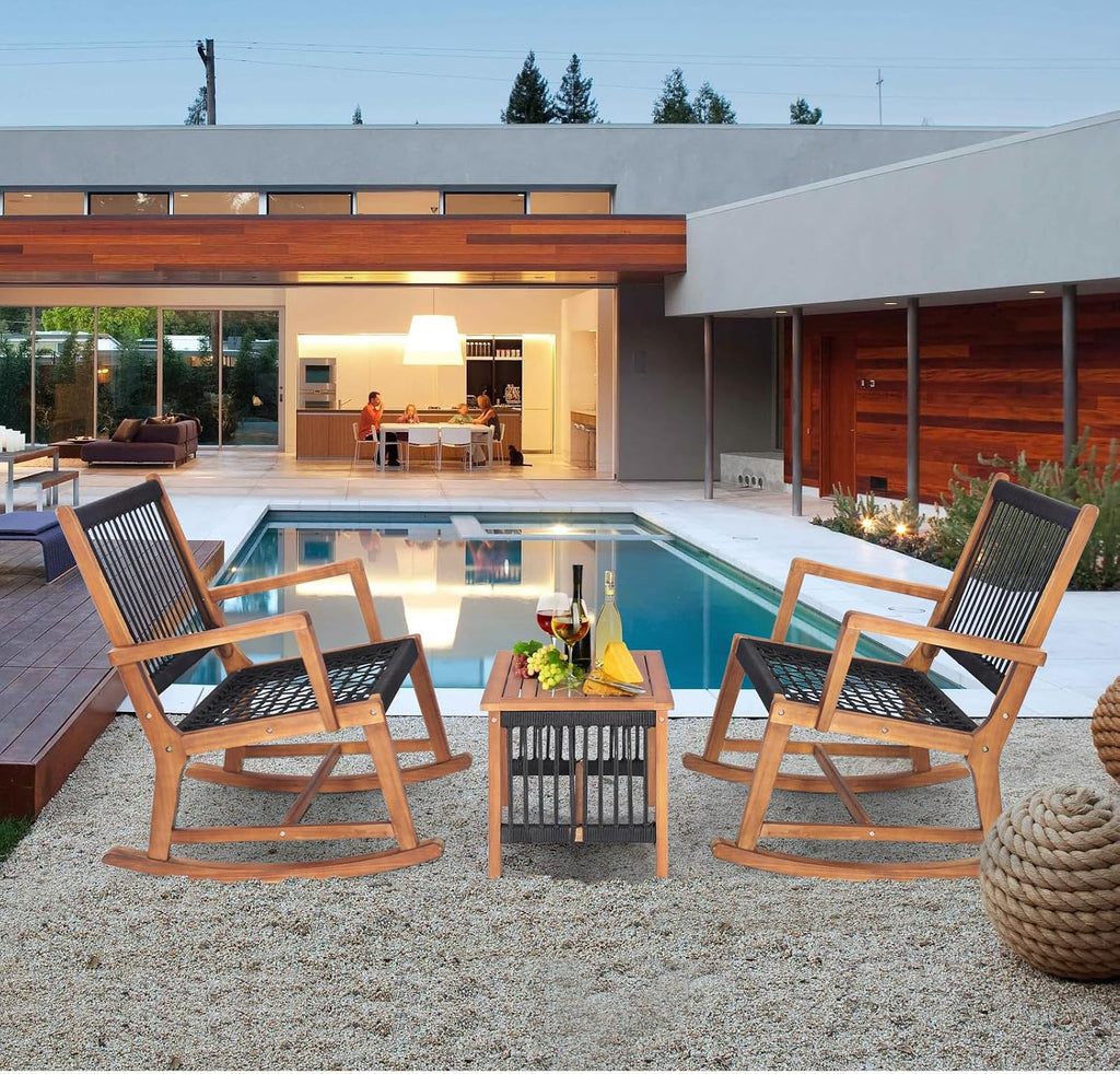 Tangkula 3 Pieces Acacia Wood Rocking Bistro Set, All-Weather Rope Woven Patio Furniture Set with Coffee Table, Outdoor Conversation Set for Front Porch, Deck, Balcony (Black & Natural)